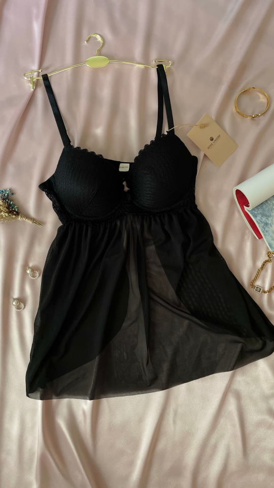 Kadın Siyah Tül Detaylı Balenli Dantel Detaylı Arkası Açık Fantezi Babydoll/Gecelik-Lauren Siyah - 80B