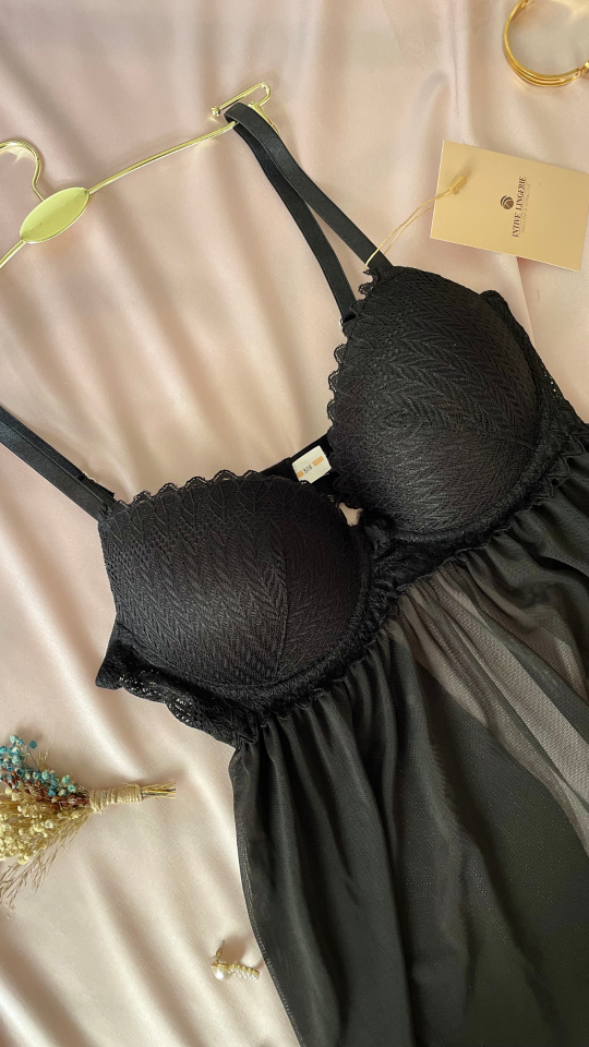Kadın Siyah Tül Detaylı Balenli Dantel Detaylı Arkası Açık Fantezi Babydoll/Gecelik-Lauren Siyah - 80B