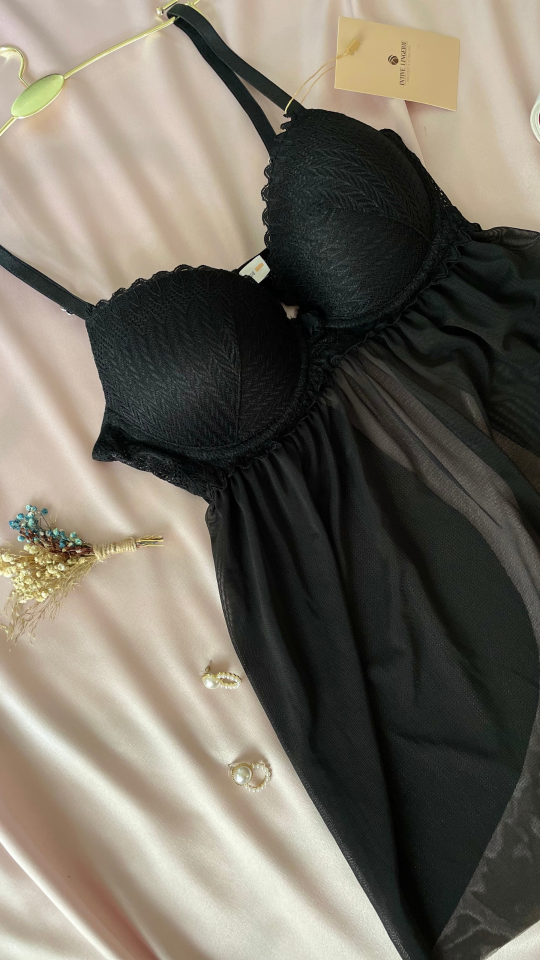 Kadın Siyah Tül Detaylı Balenli Dantel Detaylı Arkası Açık Fantezi Babydoll/Gecelik-Lauren Siyah - 90B
