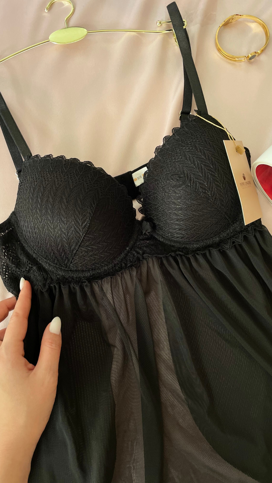 Kadın Siyah Tül Detaylı Balenli Dantel Detaylı Arkası Açık Fantezi Babydoll/Gecelik-Lauren Siyah - 90B