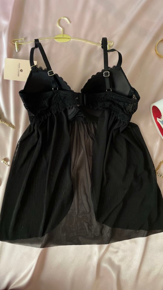 Kadın Siyah Tül Detaylı Balenli Dantel Detaylı Arkası Açık Fantezi Babydoll/Gecelik-Lauren Siyah - 90B