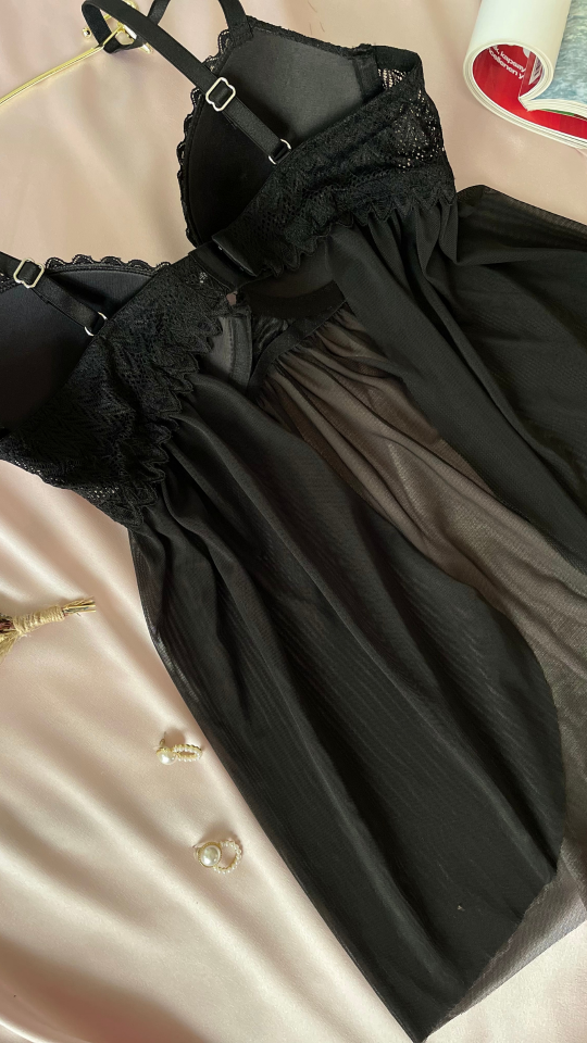 Kadın Siyah Tül Detaylı Balenli Dantel Detaylı Arkası Açık Fantezi Babydoll/Gecelik-Lauren Siyah - 90B