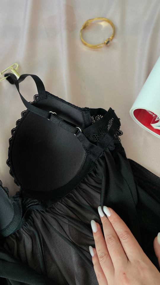Kadın Siyah Tül Detaylı Balenli Dantel Detaylı Arkası Açık Fantezi Babydoll/Gecelik-Lauren Siyah - 90B