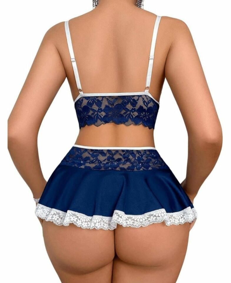 Bella Kadın Dantelli Mini Etekli Jartiyerli Sütyen Tanga Etek Çorap Takım Kırmızı - S/M