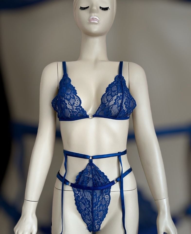 Kadın Saks Mavisi Dantelli Sütyen Jartiyer Takım - 3291 Saks Mavisi - L/XL