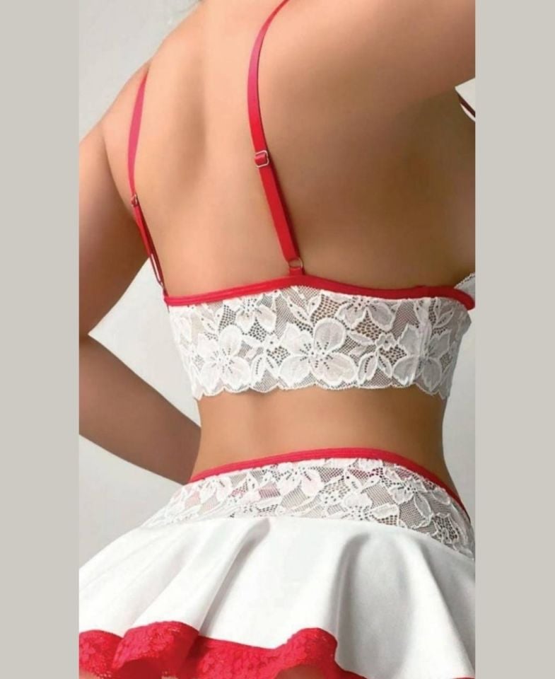 Bella Kadın Dantelli Mini Etekli Jartiyerli Sütyen Tanga Etek Çorap Takım Beyaz - S/M