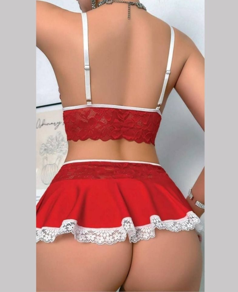 Bella Kadın Dantelli Mini Etekli Jartiyerli Sütyen Tanga Etek Çorap Takım Kırmızı - S/M