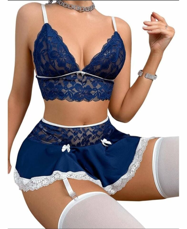 Bella Kadın Dantelli Mini Etekli Jartiyerli Sütyen Tanga Etek Çorap Takım Mavi - S/M