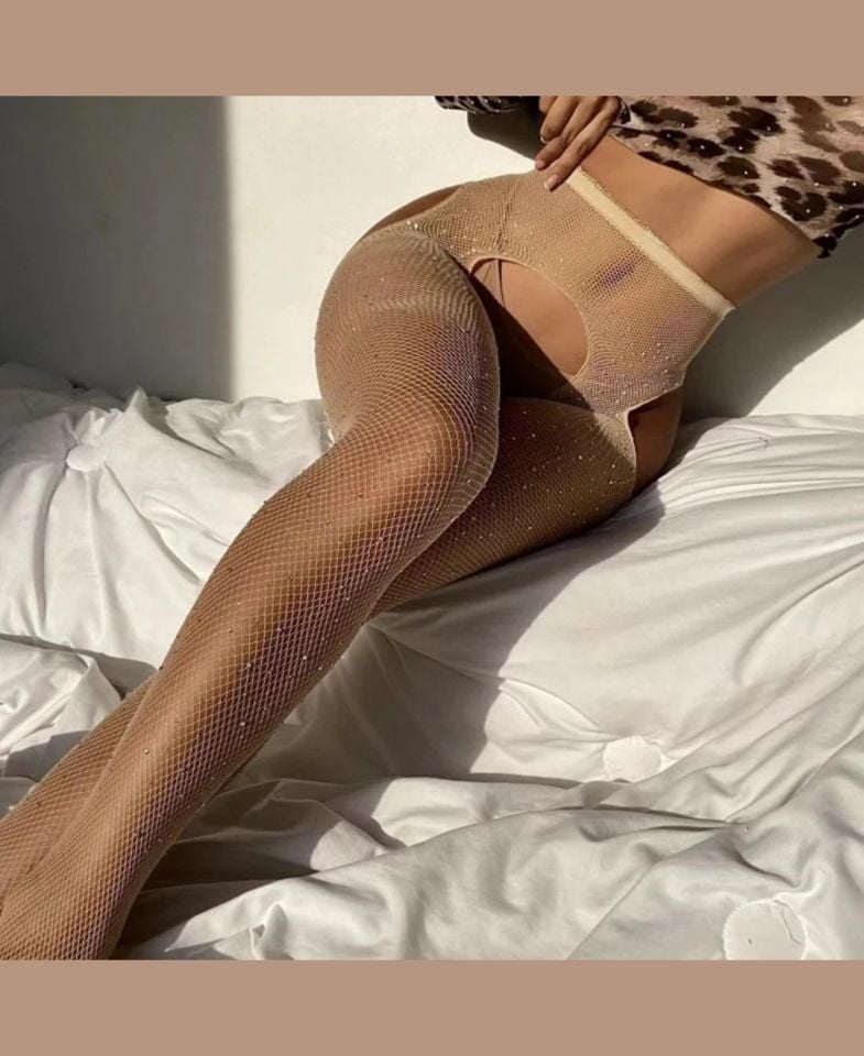 Intive Lingerie Jenna Kadın Jartiyerli Ağı Açık Taşlı File Çorap (Intive Special) Ten Rengi - Standart