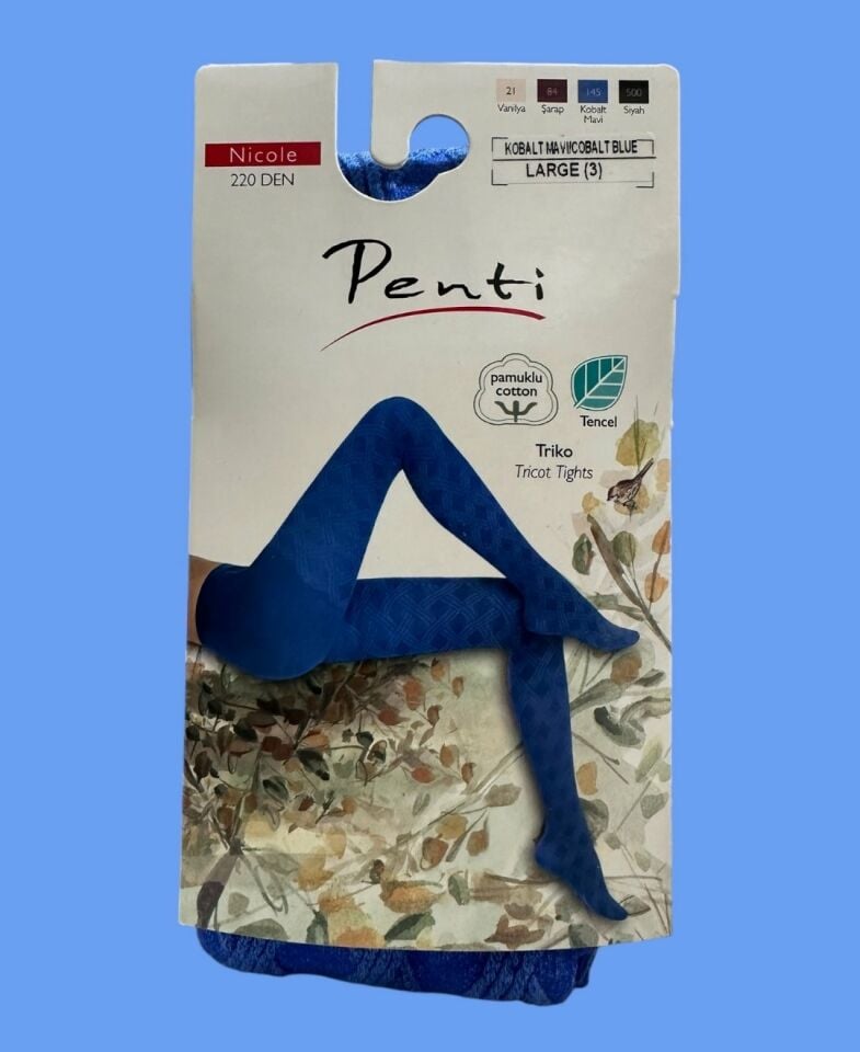 Penti Nicole 220 Den Kobalt Mavi Tensel Pamuklu Triko Desenli Çorap Mavi - L