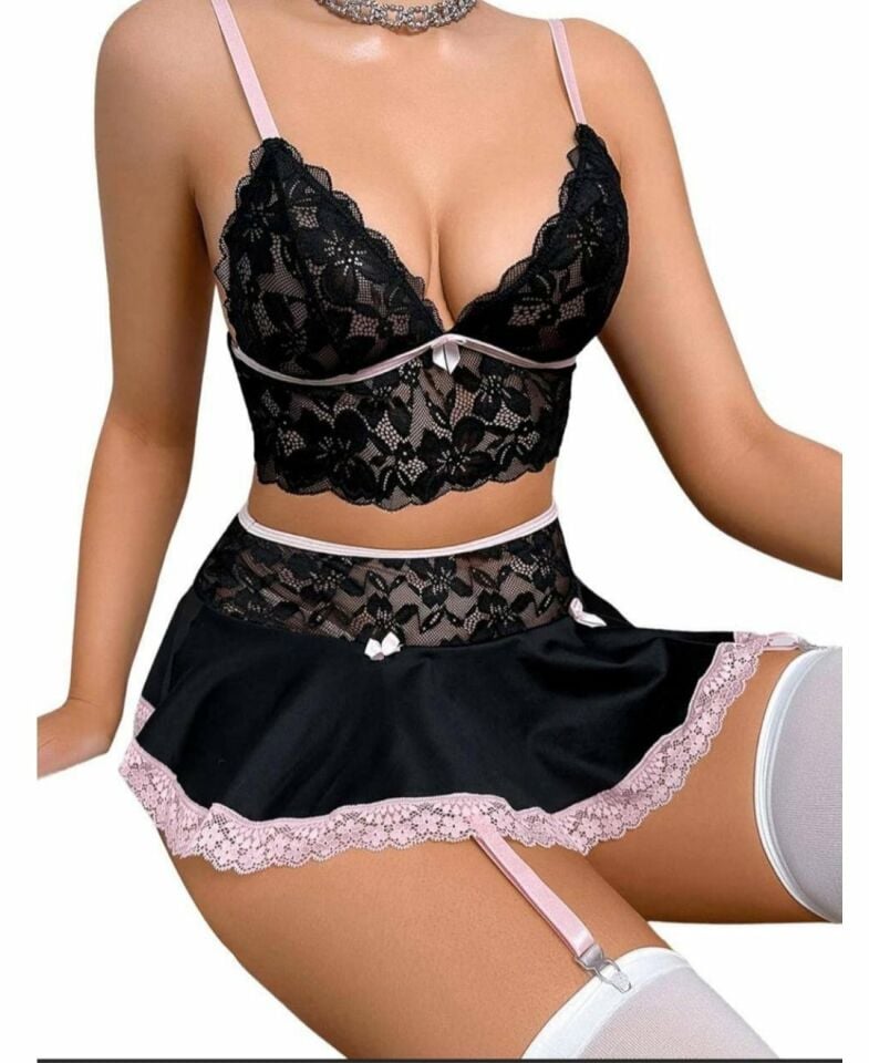 Bella Kadın Dantelli Mini Etekli Jartiyerli Sütyen Tanga Etek Çorap Takım Siyah - L/XL