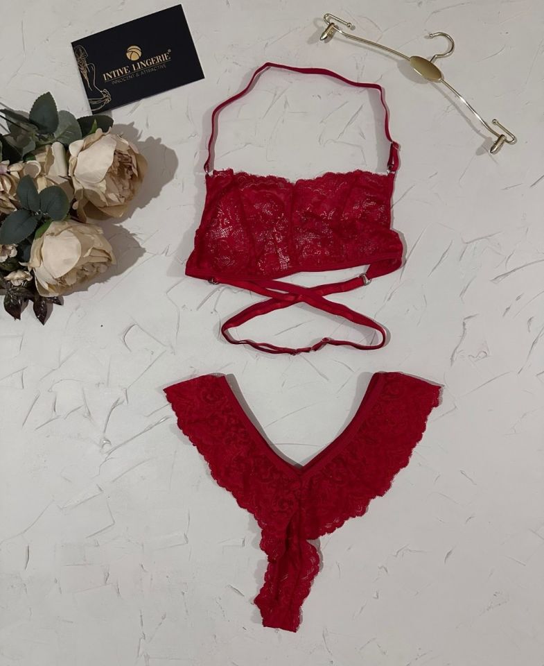 Nightlight Kırmızı Dantelli Sırtı Çapraz Tasarım Bralet Fantezi Takım -7034 Kırmızı - L/XL