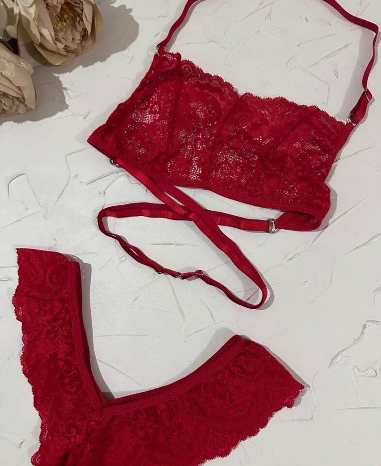 Nightlight Kırmızı Dantelli Sırtı Çapraz Tasarım Bralet Fantezi Takım -7034 Kırmızı - L/XL