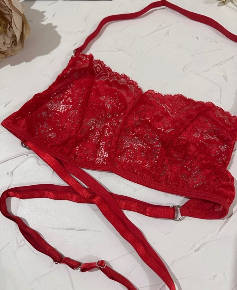 Nightlight Kırmızı Dantelli Sırtı Çapraz Tasarım Bralet Fantezi Takım -7034 Kırmızı - L/XL
