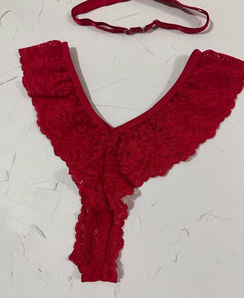 Nightlight Kırmızı Dantelli Sırtı Çapraz Tasarım Bralet Fantezi Takım -7034 Kırmızı - L/XL