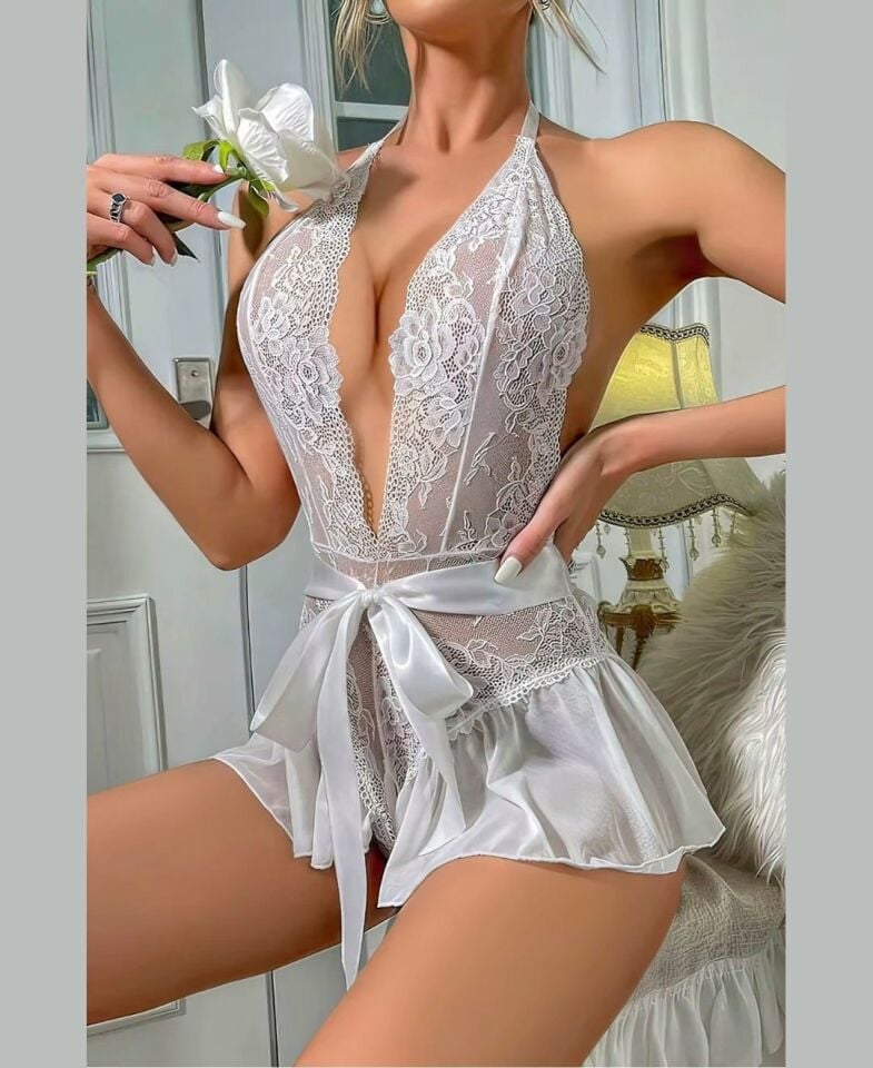 Jessica Bella Beyaz Dantelli Boyundan Kurdeleli Volanlı Gecelik/Babydoll -0039 Beyaz - L/XL