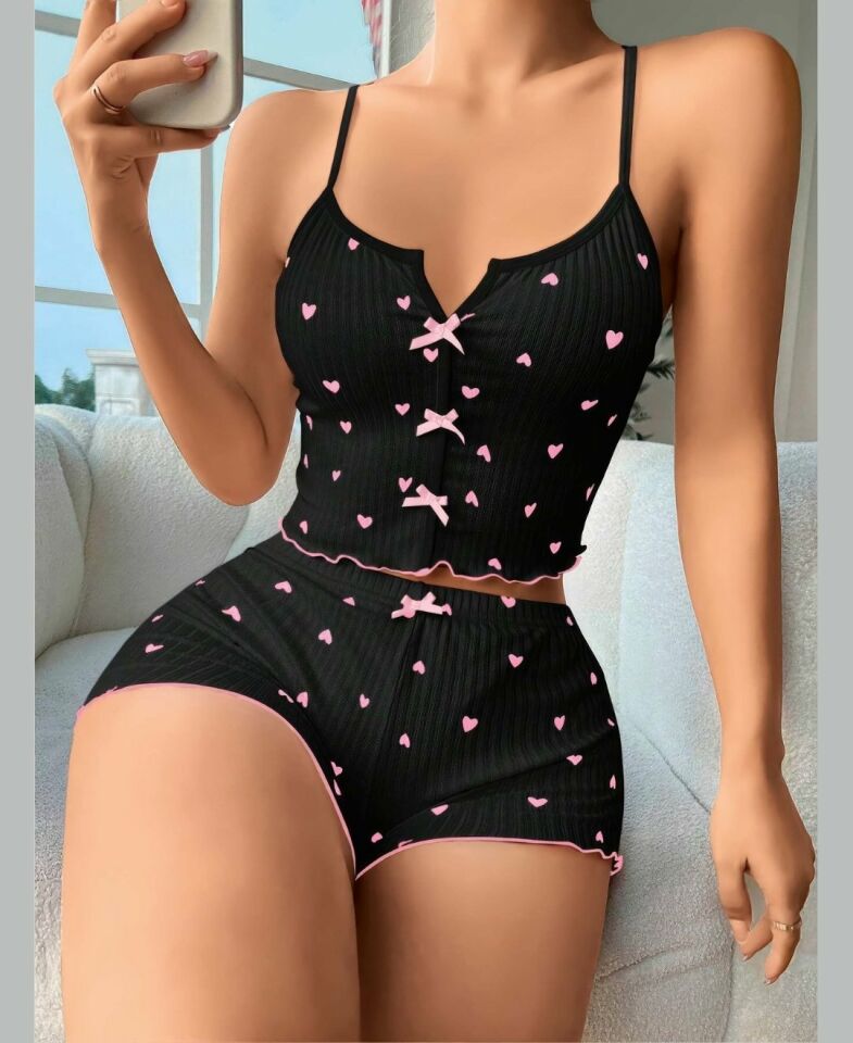Lily Bianca Kalp Desenli Siyah/Pembe %100 Pamuk Croptop Mini Şort Pijama Takımı -13011 Siyah/Pembe - L/XL
