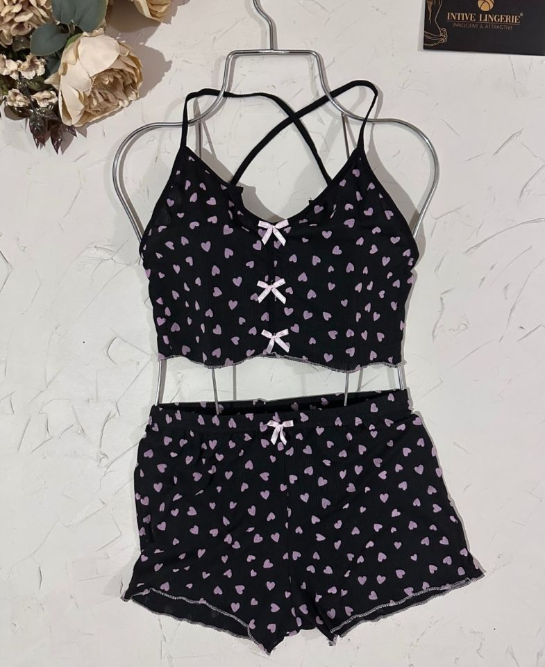 Lily Bianca Kalp Desenli Siyah/Pembe %100 Pamuk Croptop Mini Şort Pijama Takımı -13011 Siyah/Pembe - L/XL