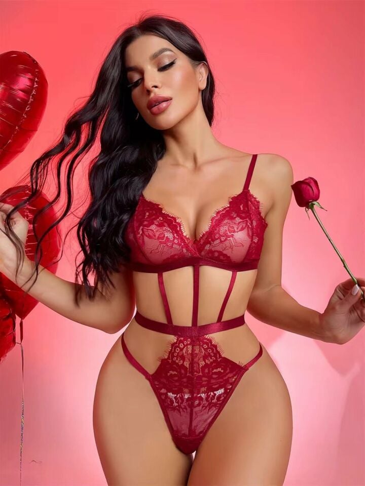Intive Kadın Bordo Dantelli İnce Askılı Yanları Açık String Babydoll/Büstiyer Bordo - L/XL