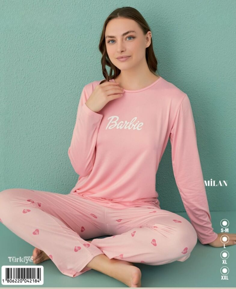 Mihra Pembe Barbie Yazılı Kadın Mevsimlik Uzun Kollu Pijama Takımı Pembe - XL