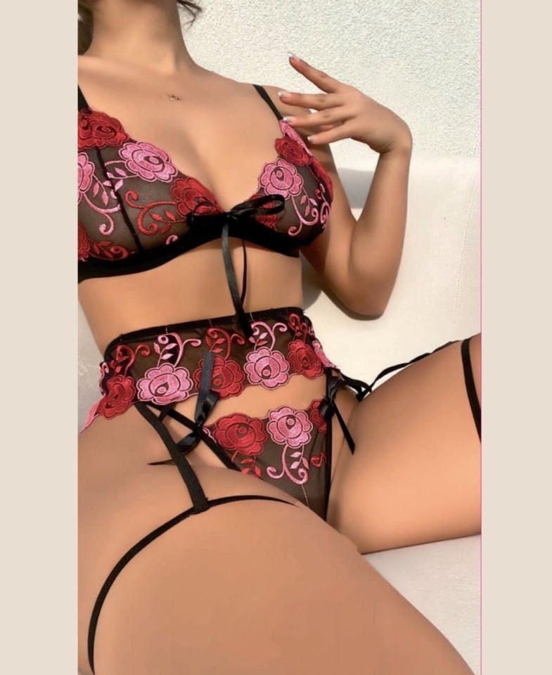 Kadın Pembe Gül Çiçek Desenli Siyah Transparan Jartiyer Takım -3455
