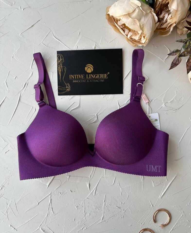 Angelina Push-up Balensiz Dikişsiz V Yaka İthal Kaliteli Düz Renk İz Belli Etmez Sütyen Mor - 75B