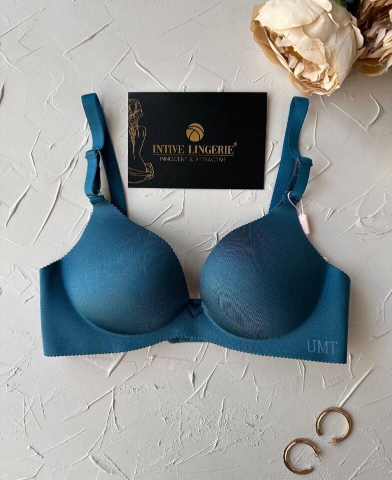 Angelina Push-up Balensiz Dikişsiz V Yaka İthal Kaliteli Düz Renk İz Belli Etmez Sütyen Petrol Mavisi - 75B