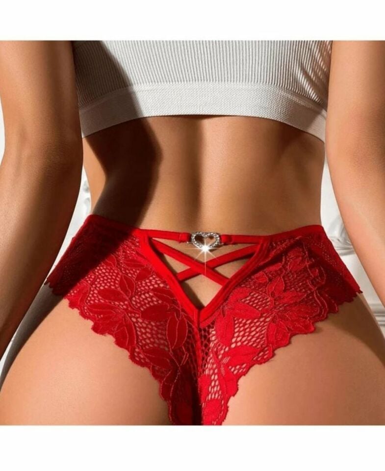 Intive Arkası Kalp Aksesuarlı Yumuşak Dantelli Brazilian Tanga Kırmızı - Tek Ebat