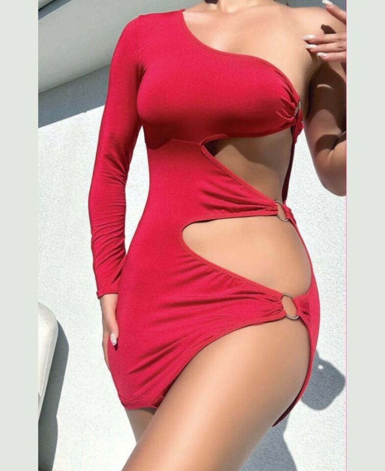 Kadın Yarı Dekolteli Yanı Halka Detaylı Kırmızı Babydoll/Gecelik - 3607 L/XL