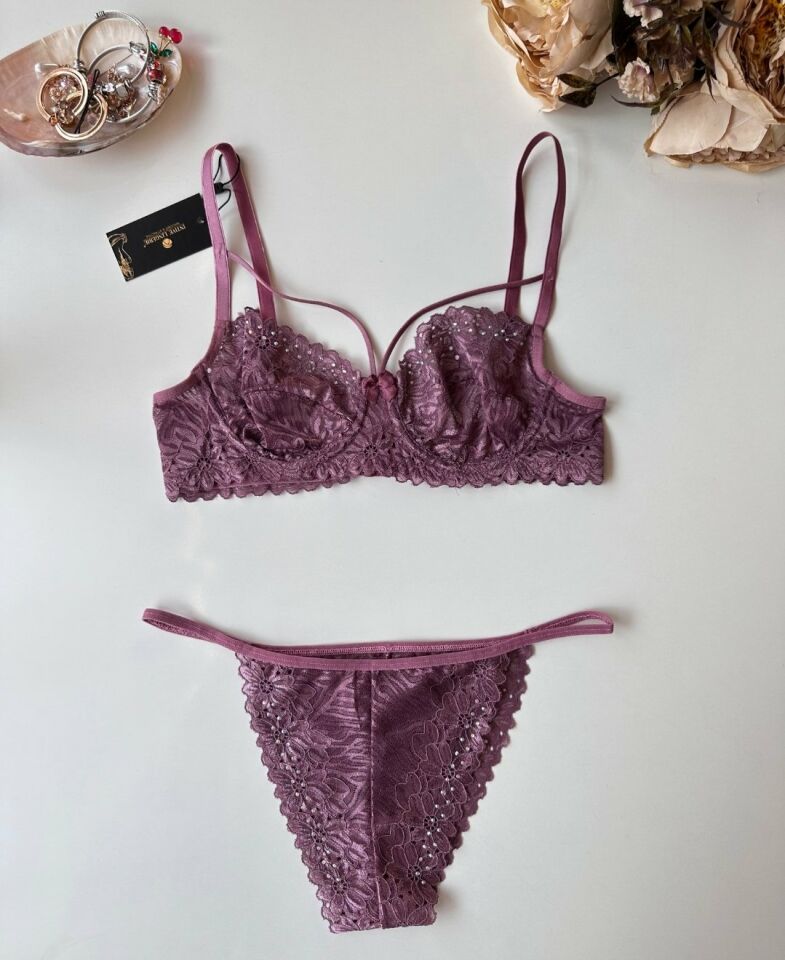 Lace Love Parlak Kumaş Dantelli Balenli Cheeky Külot Sütyen Takım Gül Kurusu - 80B