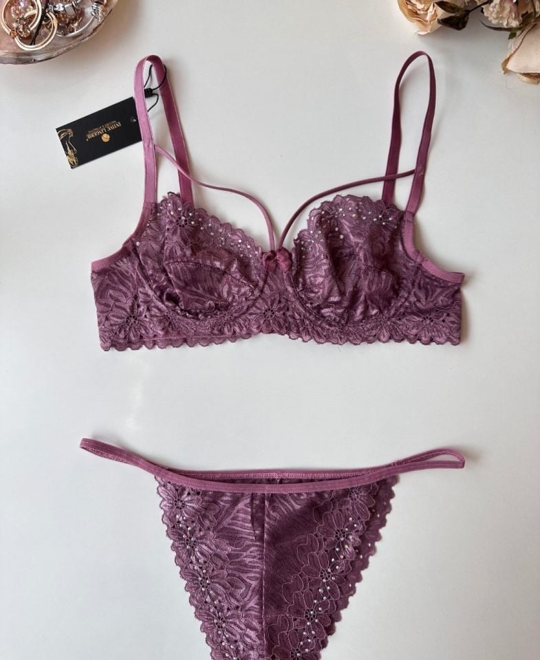 Lace Love Parlak Kumaş Dantelli Balenli Cheeky Külot Sütyen Takım Gül Kurusu - 80B