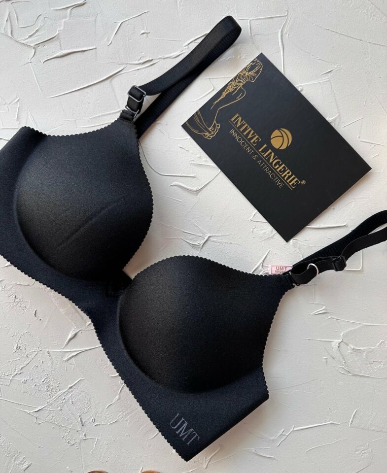 Angelina Push-up Balensiz Dikişsiz V Yaka İthal Kaliteli Düz Renk İz Belli Etmez Sütyen Siyah - 75B