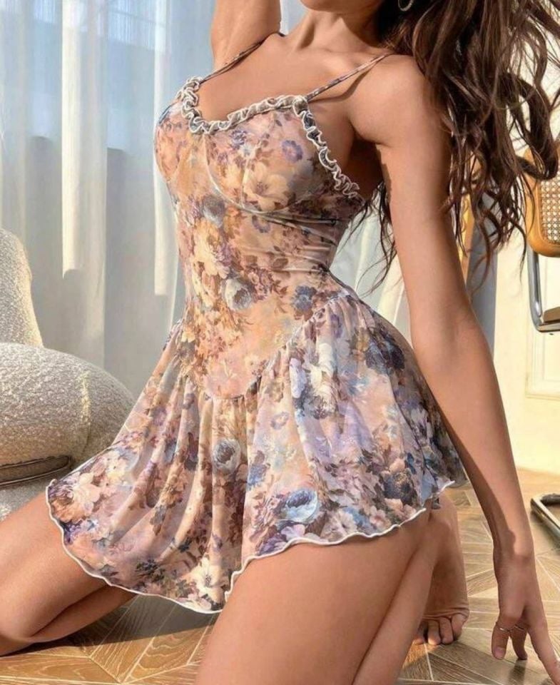 Kadın Volanlı Bej-Mavi-Mor Çiçek Baskılı Vintage Gecelik-3663/1 Çok Renkli - L/XL