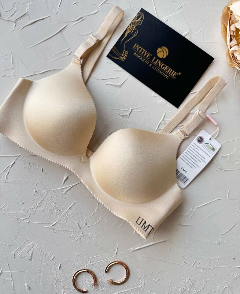 Angelina Push-up Balensiz Dikişsiz V Yaka İthal Kaliteli Düz Renk İz Belli Etmez Sütyen Ten Rengi - 80B