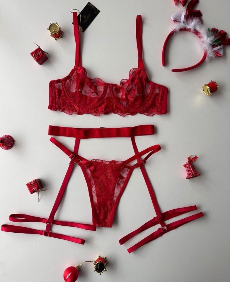 Romance Kırmızı Çiçek Desenli Balenli Jartiyer Takım 90B