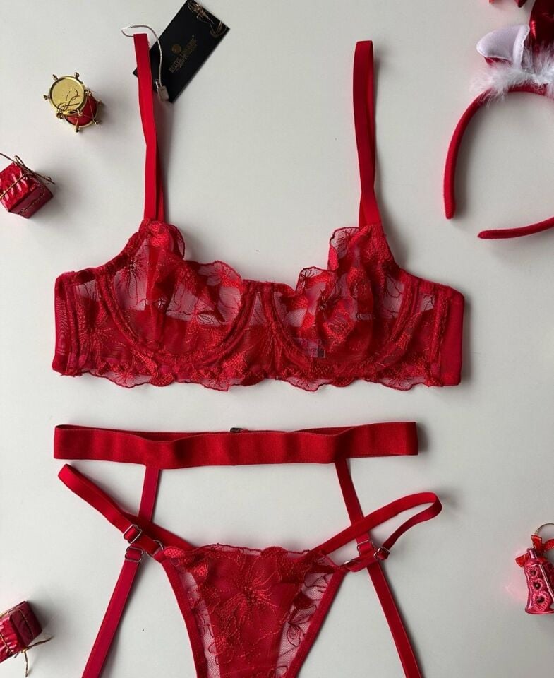 Romance Kırmızı Çiçek Desenli Balenli Jartiyer Takım 90B