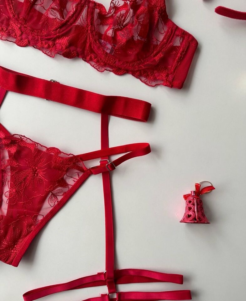 Romance Kırmızı Çiçek Desenli Balenli Jartiyer Takım 75B