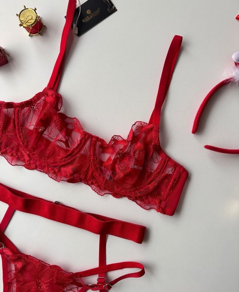 Romance Kırmızı Çiçek Desenli Balenli Jartiyer Takım 75B