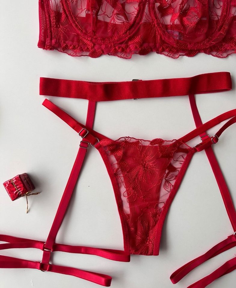 Romance Kırmızı Çiçek Desenli Balenli Jartiyer Takım 75B