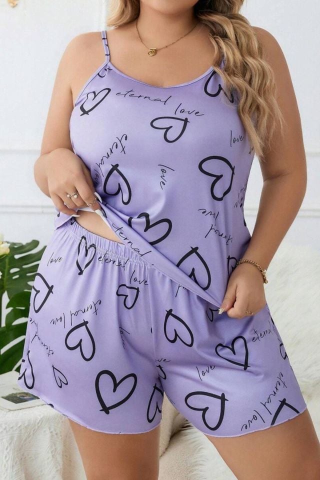 YNT Lila Büyük Beden Kalpli Şort Takım 7543 Lila - 2XL