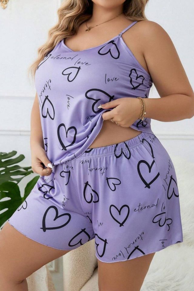 YNT Lila Büyük Beden Kalpli Şort Takım 7543 Lila - 2XL