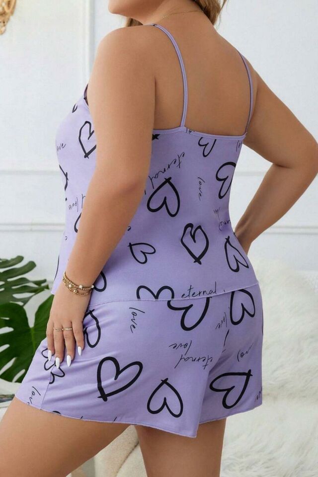 YNT Lila Büyük Beden Kalpli Şort Takım 7543 Lila - 3XL