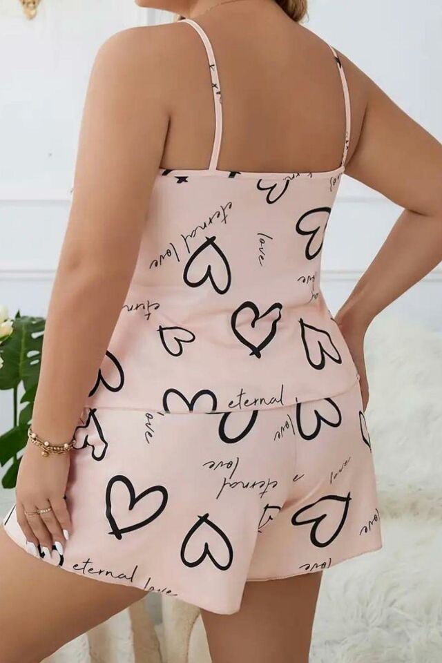 YNT Pudra Büyük Beden Kalpli Şort Takım 7544 Pudra  - 2XL