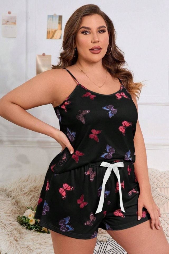 YNT Siyah Büyük Beden Kelebek Desenli Şort Takım 7541 Siyah - 3XL
