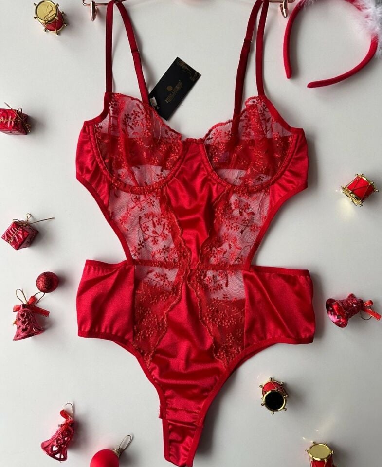 Love Satin Kırmızı Yan Dekolte Transparan Dantel ve Saten Detaylı Bodysuit 75B