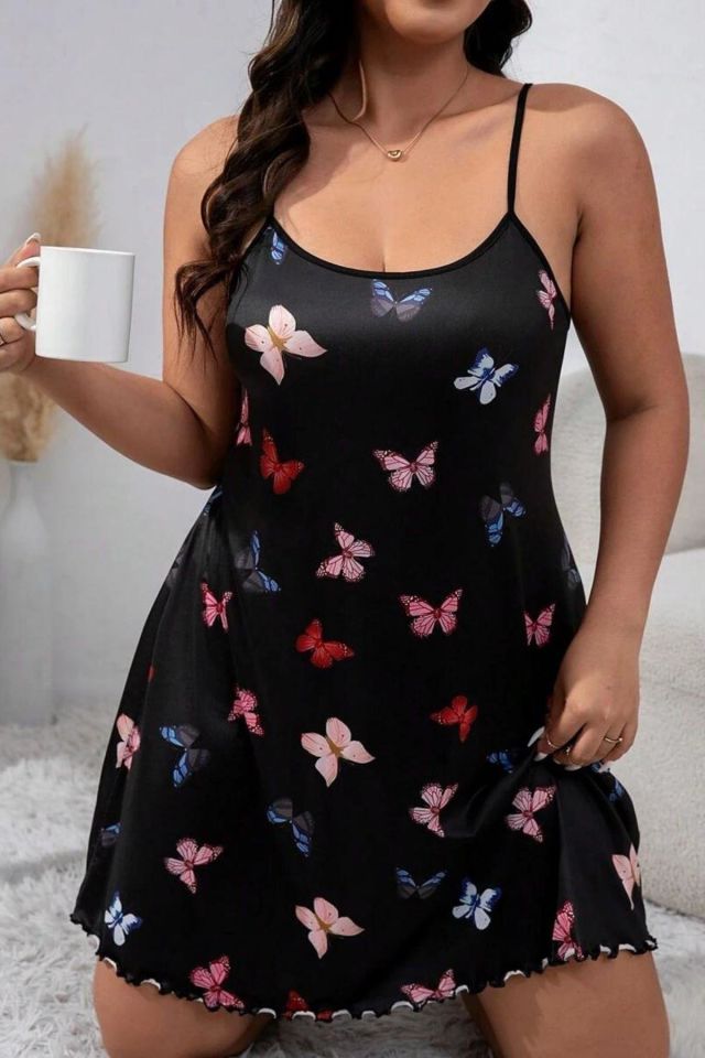 YNT Siyah Büyük Beden Kelebek Desenli Gecelik 15723 Siyah - 3XL
