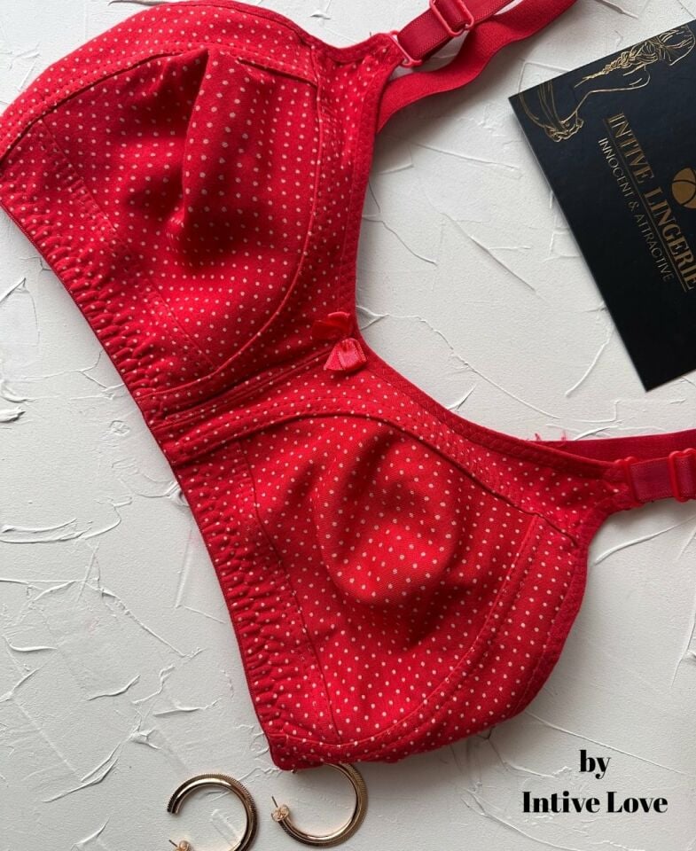 Liza Puantiye Desenli Pamuklu Penye Kalın Askılı Toparlayıcı Balensiz Desteksiz Rahat Sütyen Kırmızı - 80