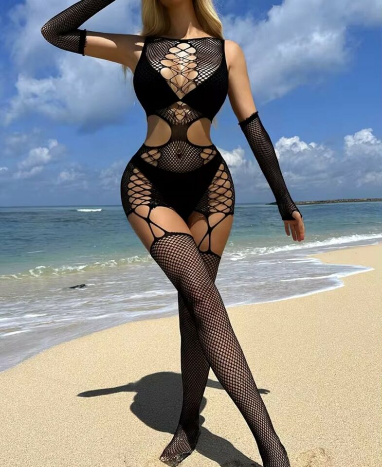 Vivaldy Siyah Beli Cut-Out Detaylı Önü ve Yanları Fileli Jartiyerli Vücut Çorabı -4125 Siyah - Standart