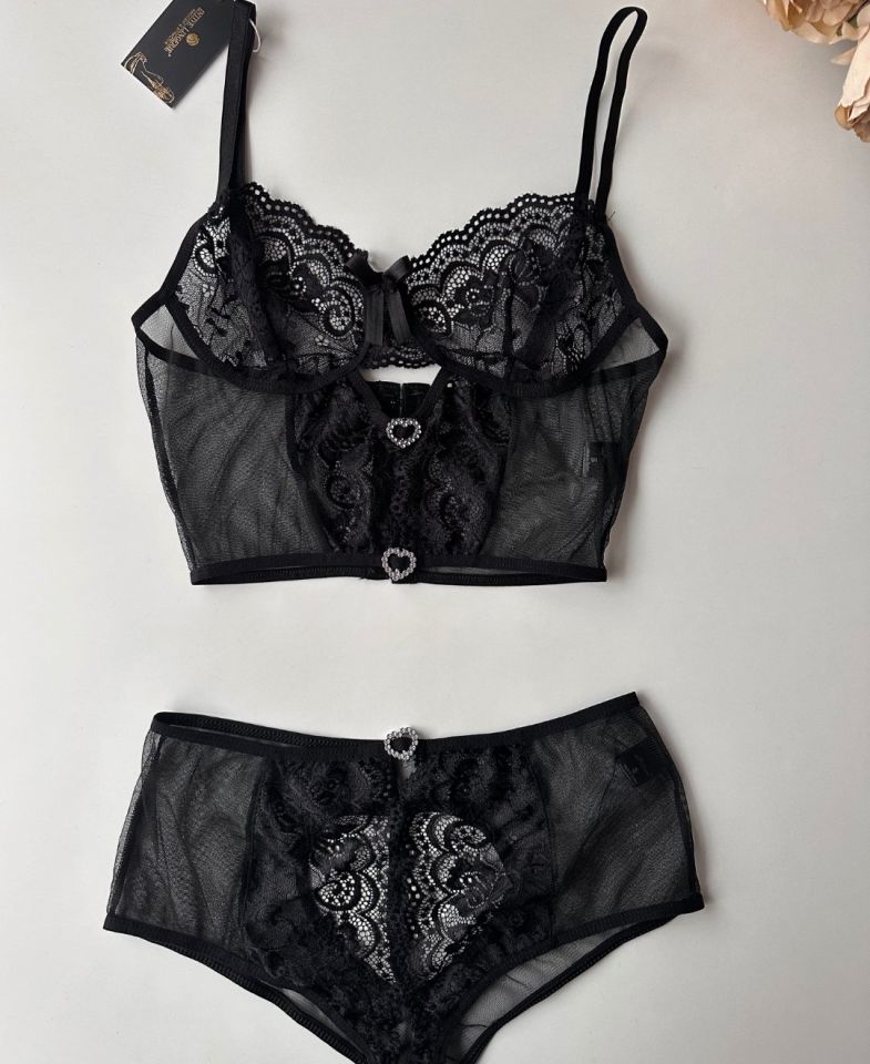 Kadın Siyah Kalp Aksesuar Detaylı Balensiz Transparan Cheeky Külot Takım -8454 Siyah - S