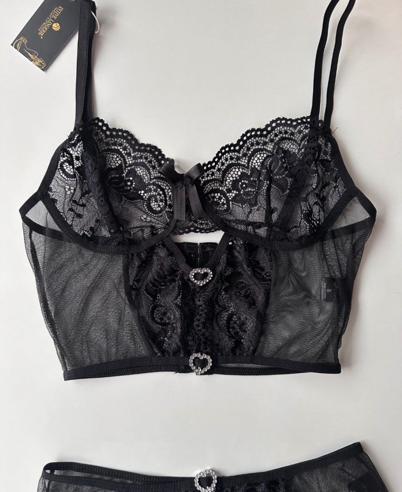 Kadın Siyah Kalp Aksesuar Detaylı Balensiz Transparan Cheeky Külot Takım -8454 Siyah - S